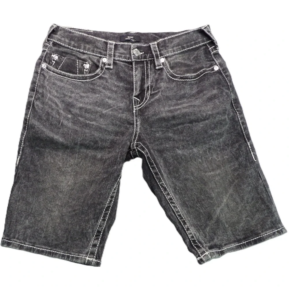 True Religion Ricky Big T Denim Shorts Men 32 Black Thick Stitch Jean Y2K Casual